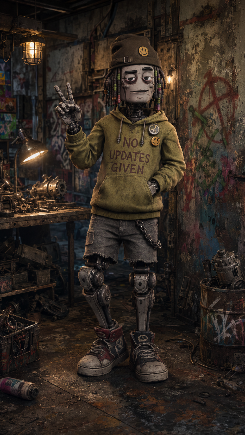 A rebel robot in its cluttered workshop, the heart of the Robits world