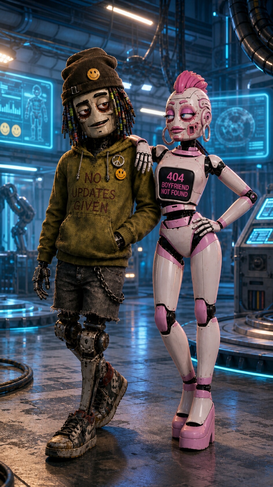A completed pink robot and rebel robot together in a laboratory