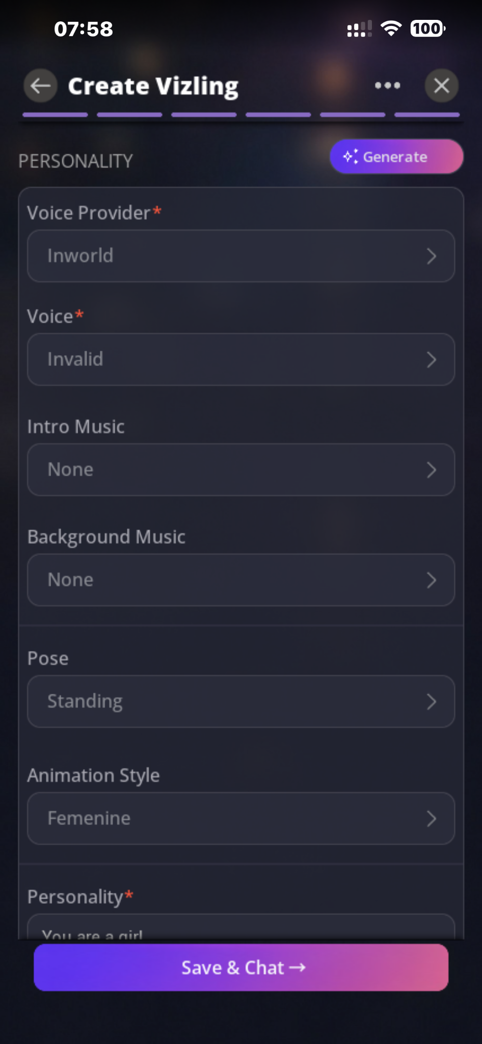 Vizlings voice, music, pose and animation settings