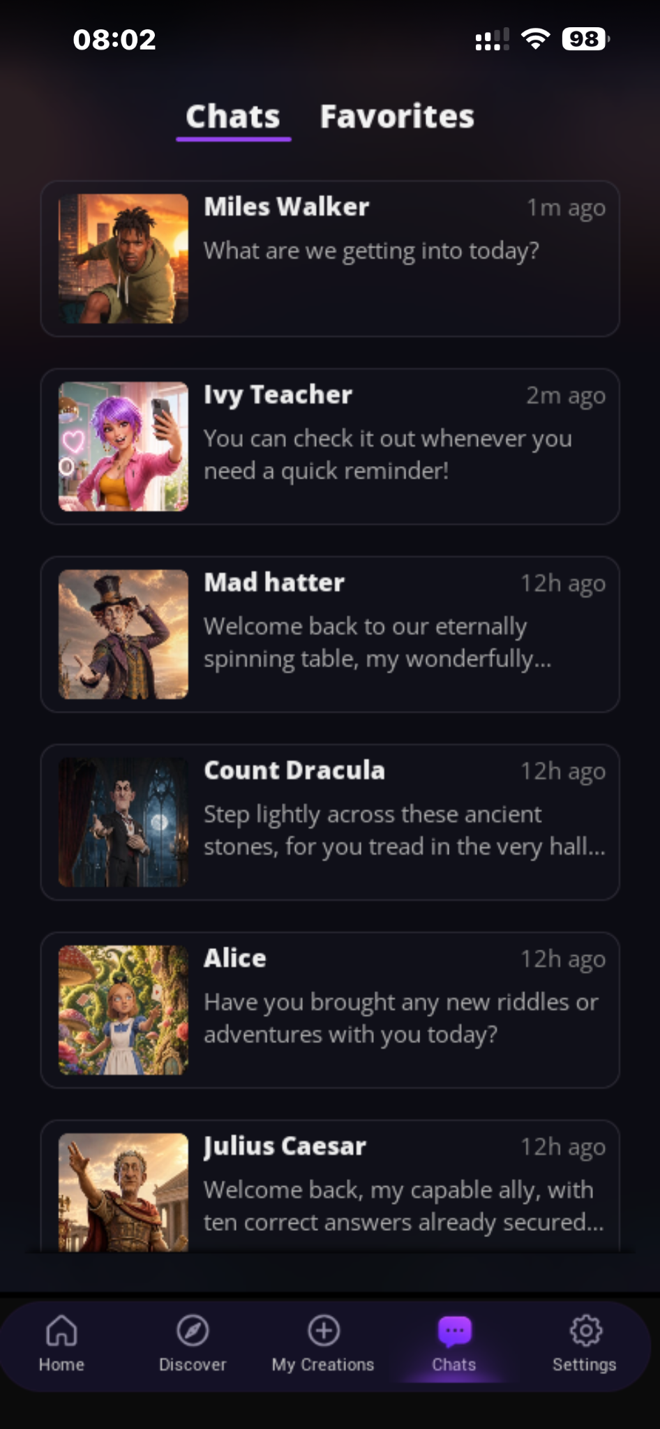 Vizlings recent conversations screen
