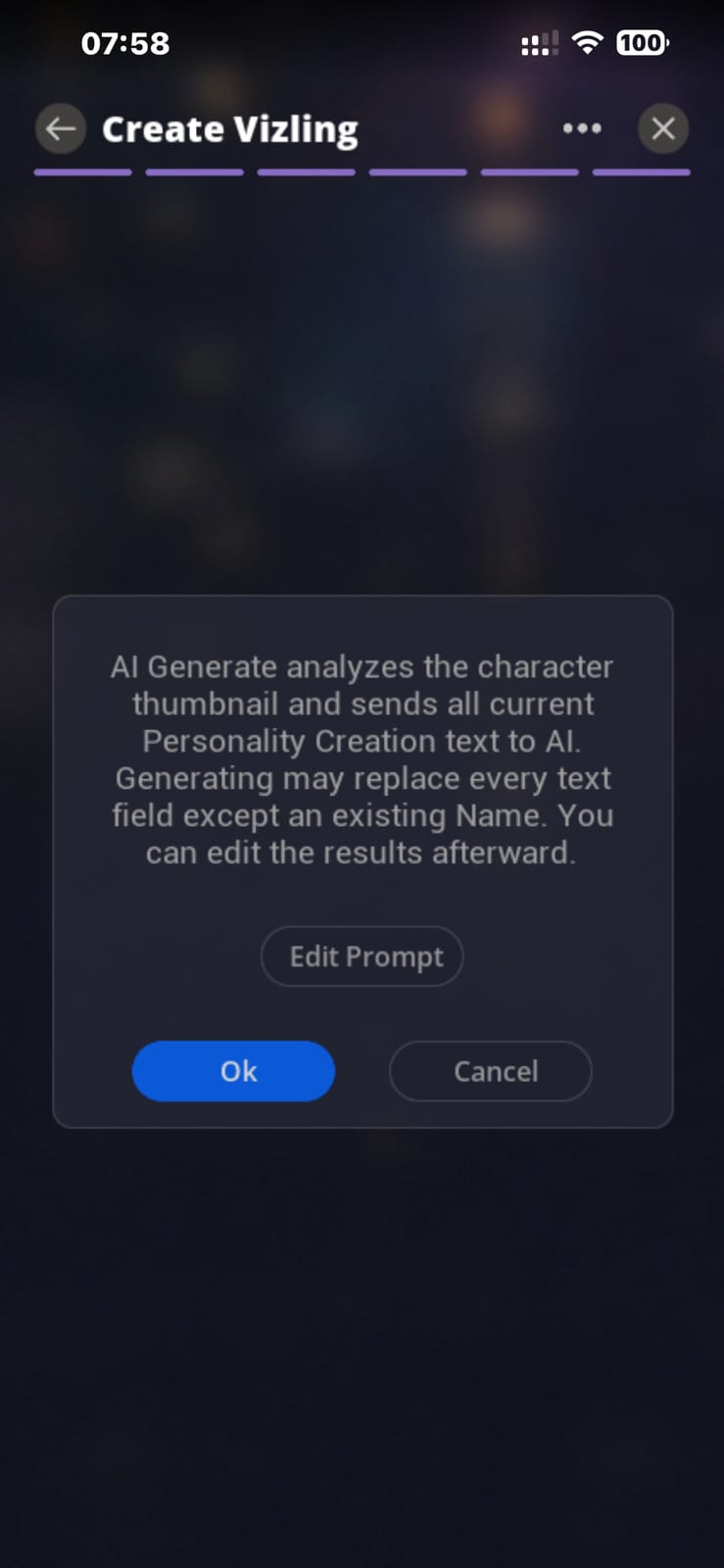 Vizlings AI generation confirmation screen