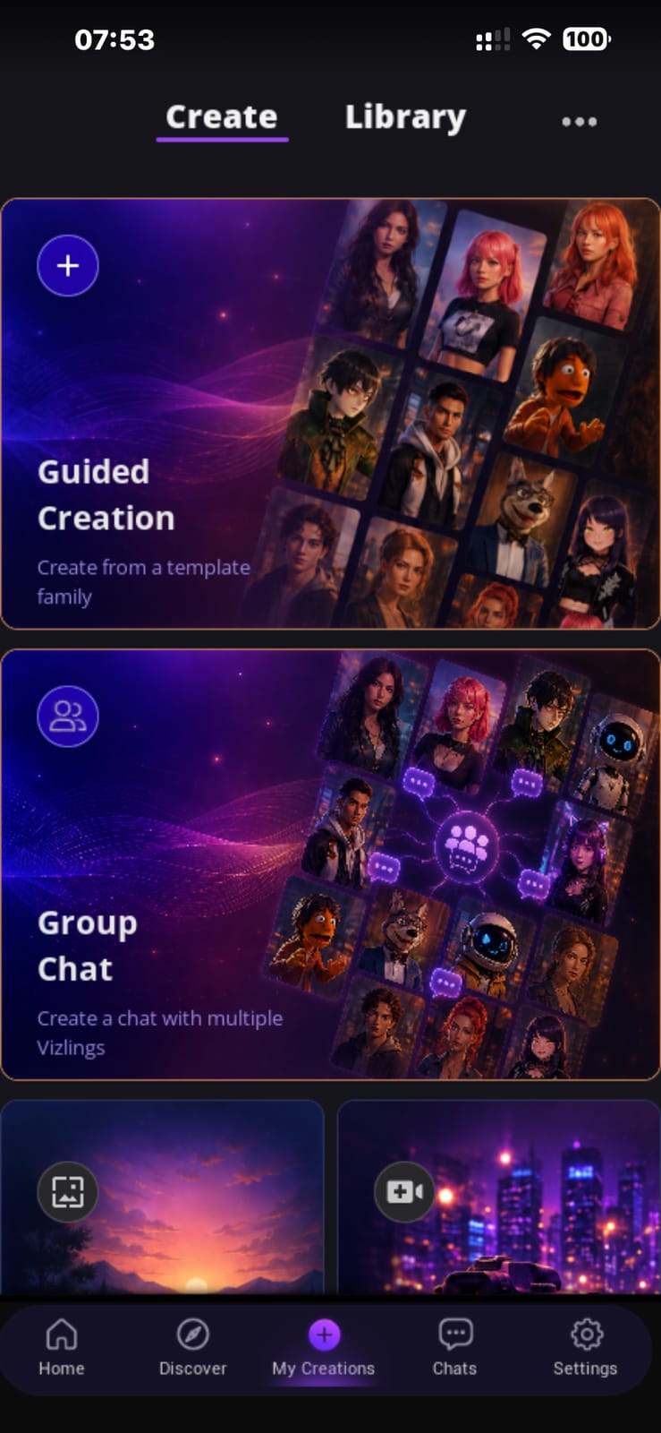 Vizlings creation hub with guided, direct and group creation choices