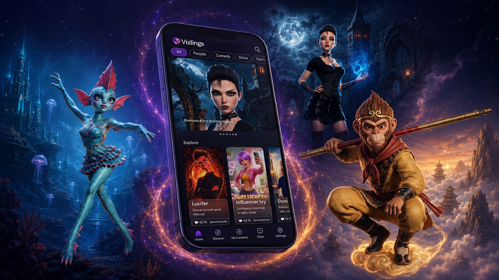 The Vizlings iOS discovery experience surrounded by several character worlds