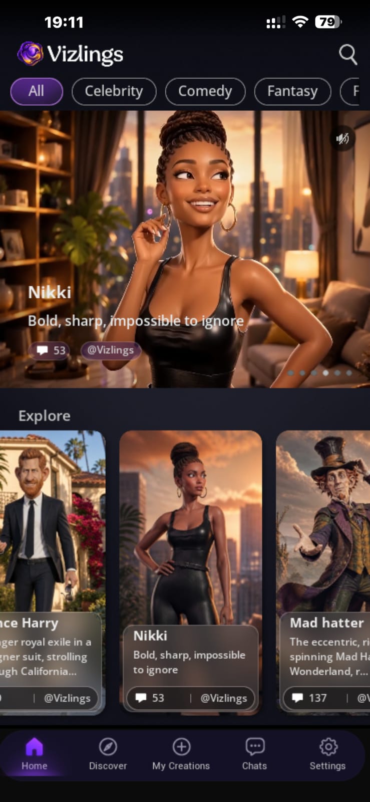 Genuine Vizlings discovery screen featuring Nikki and Explore cards