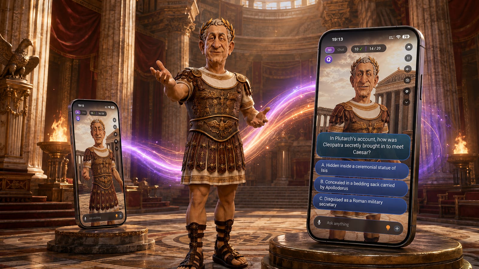 Julius Caesar hosting an interactive multiple-choice quiz across genuine Vizlings screens