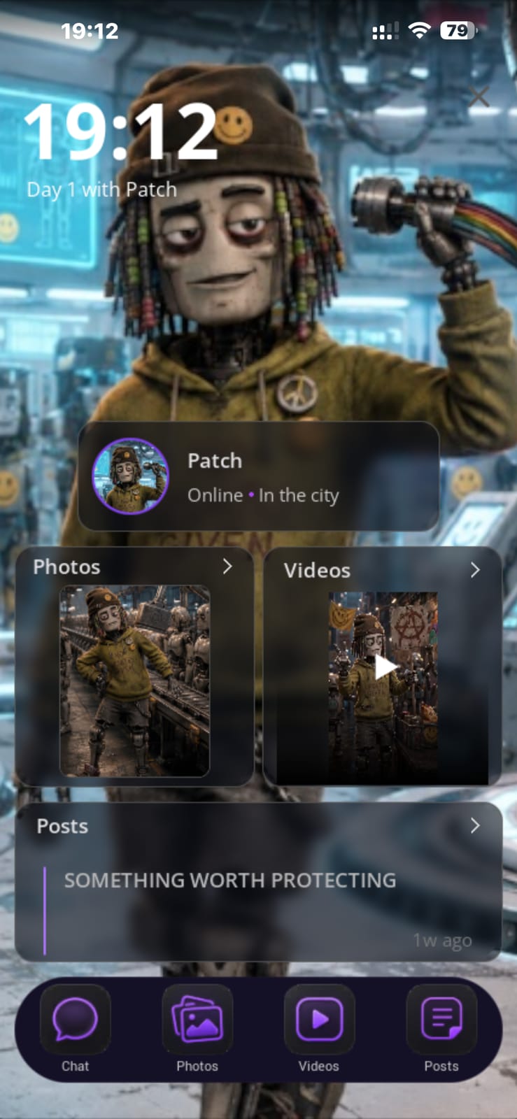 Patch Phone screen with photos, videos, posts and chat