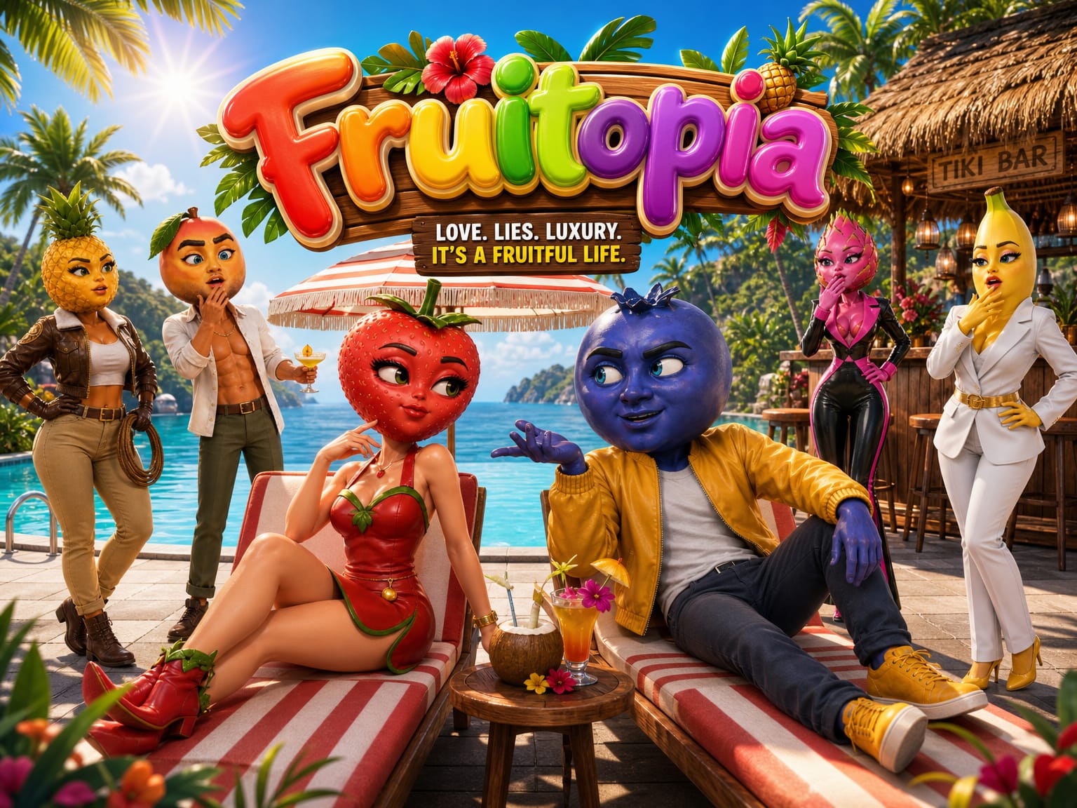 Fruitopia residents trading gossip around the resort pool
