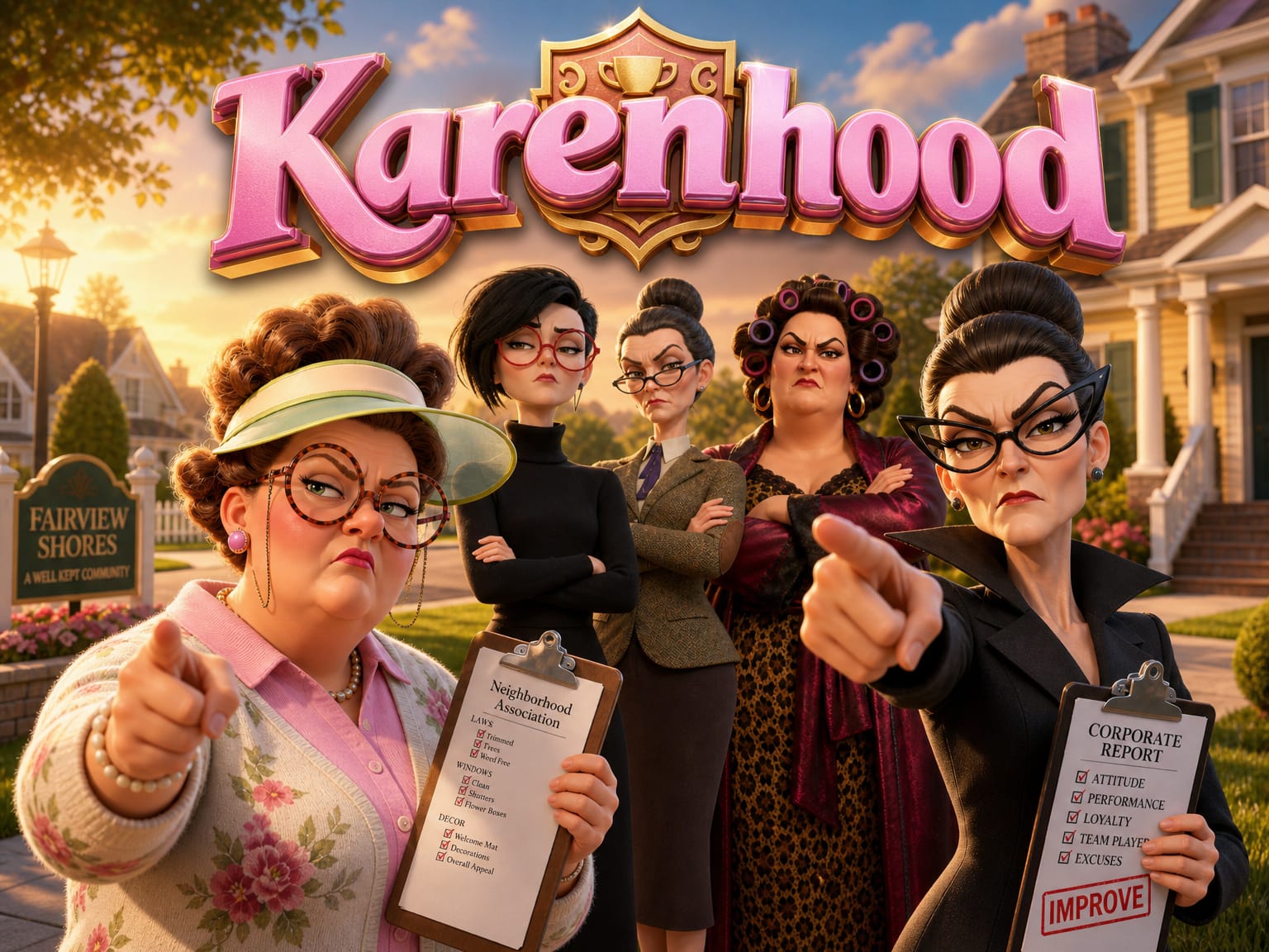 The Karenhood council pointing and holding clipboards outside their subdivision