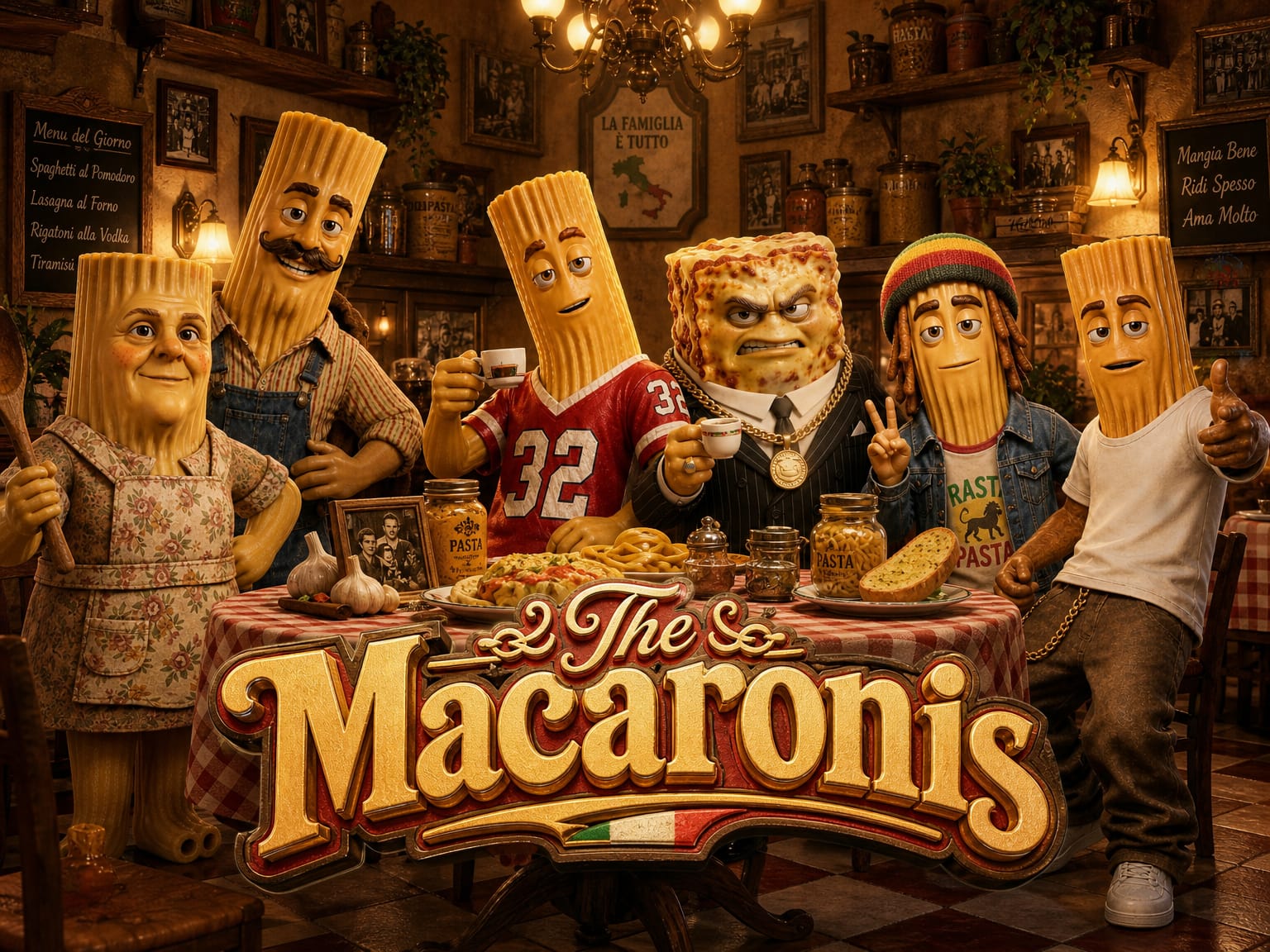 The Macaroni family gathered around the table at their trattoria