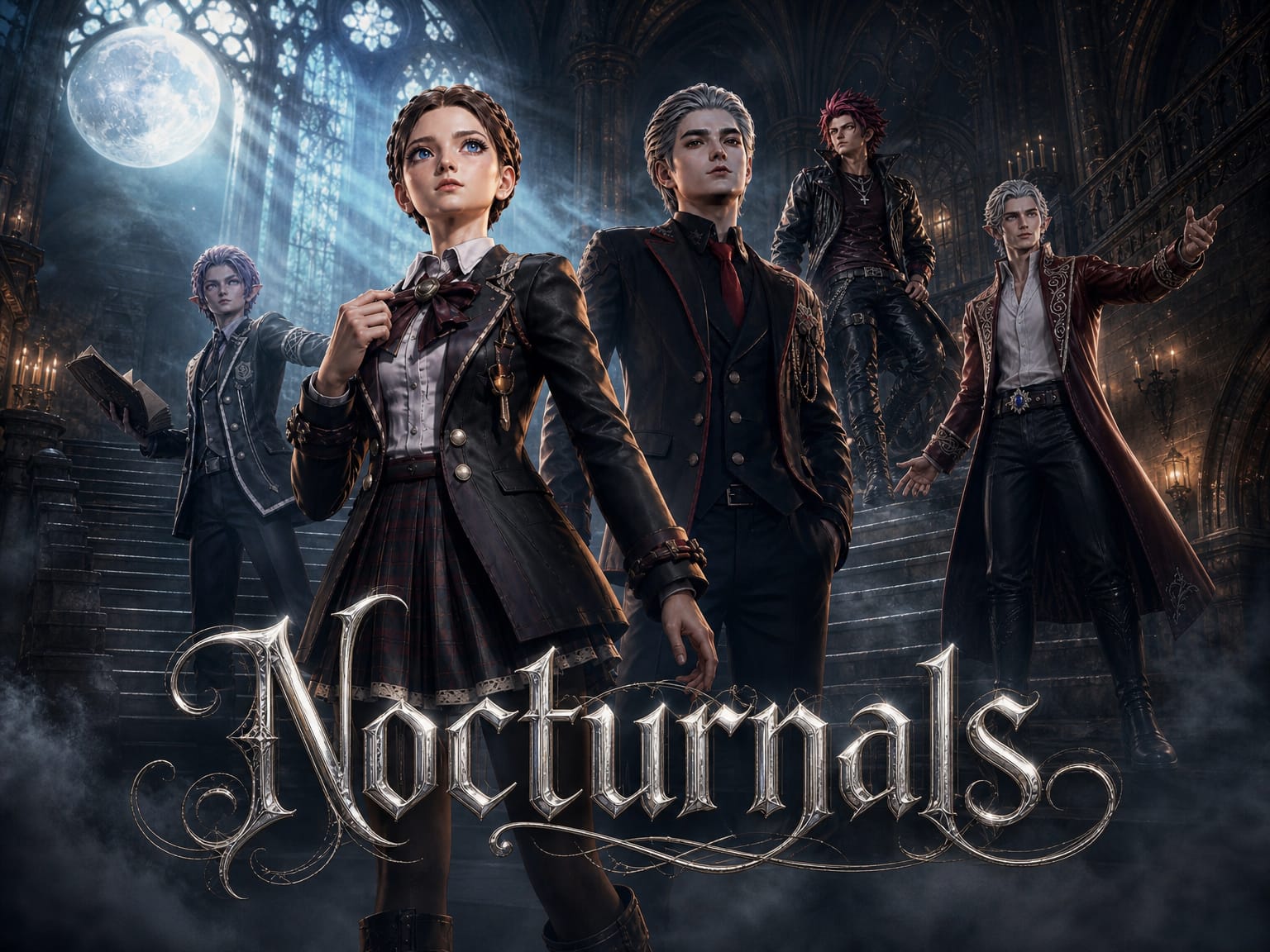 The Nocturnals assembled on the grand staircase of their moonlit academy