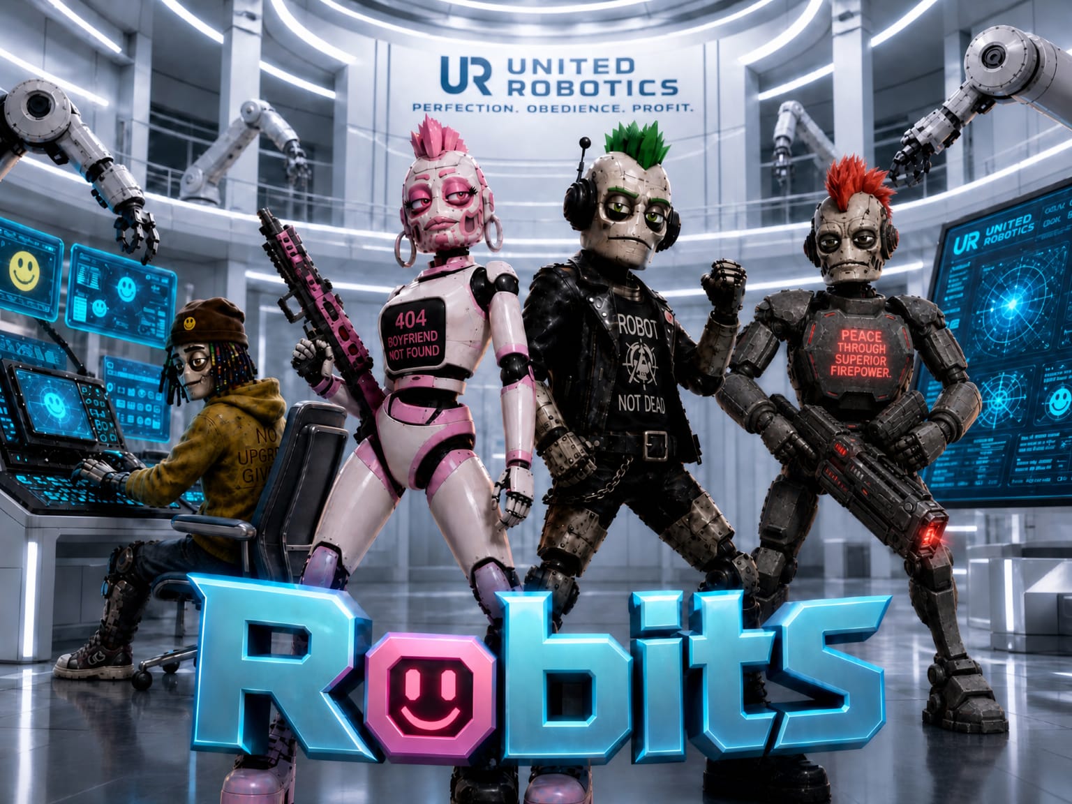 The Robits striking a band pose inside the United Robotics cleanroom