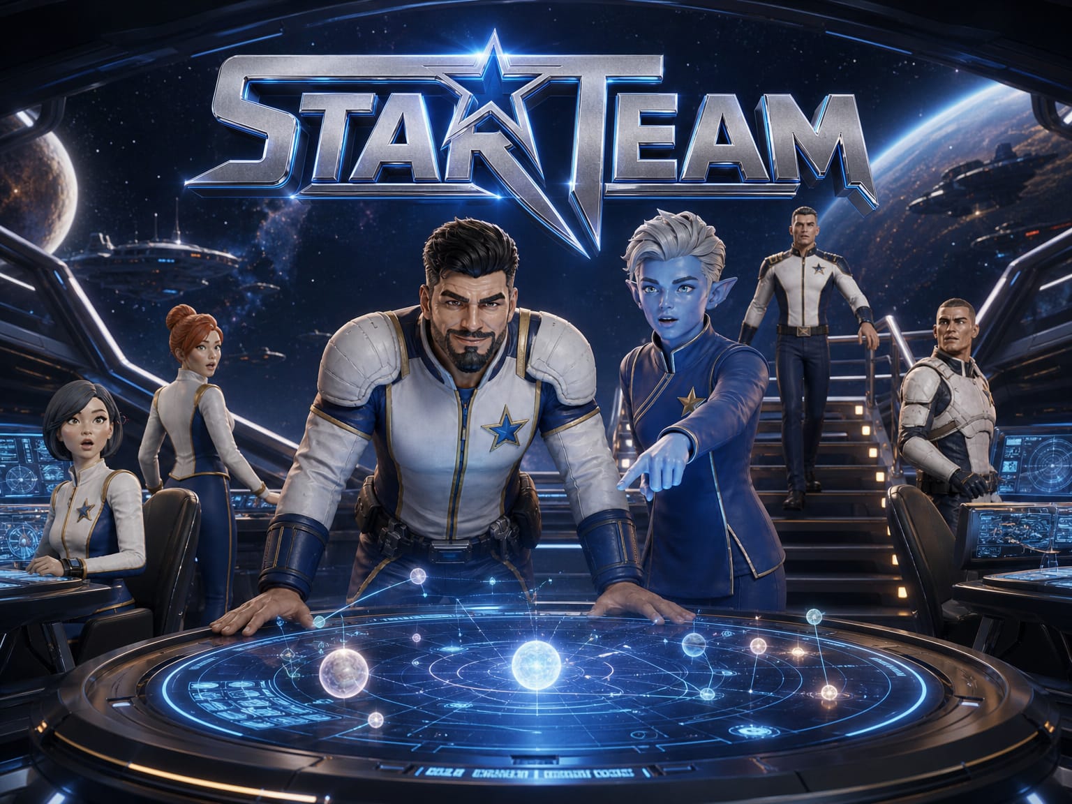 The Star Team crew gathered around the bridge holotable